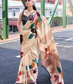 cream satin print saree with unstitched blouse piece