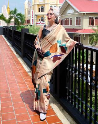 cream satin print saree with unstitched blouse piece 2