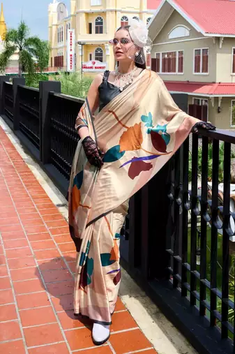 cream satin print saree with unstitched blouse piece