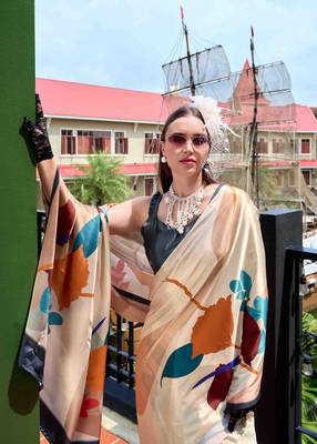 cream satin print saree with unstitched blouse piece 3
