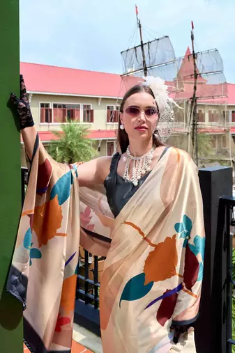cream satin print saree with unstitched blouse piece