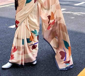 cream satin print saree with unstitched blouse piece 4