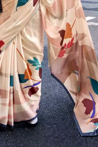 cream satin print saree with unstitched blouse piece