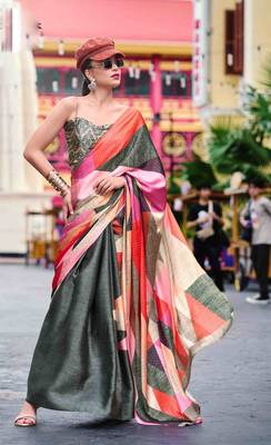 olive satin print saree with unstitched blouse piece 1