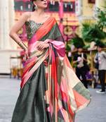 olive satin print saree with unstitched blouse piece