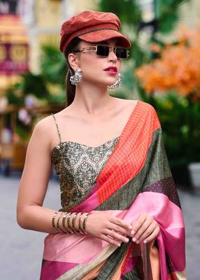 olive satin print saree with unstitched blouse piece 2