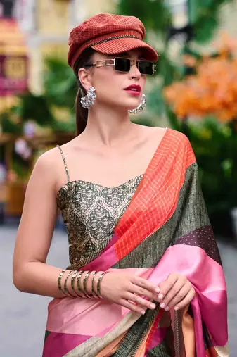 olive satin print saree with unstitched blouse piece