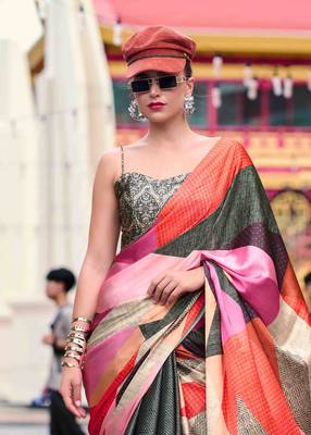 olive satin print saree with unstitched blouse piece 3