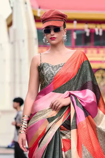 olive satin print saree with unstitched blouse piece