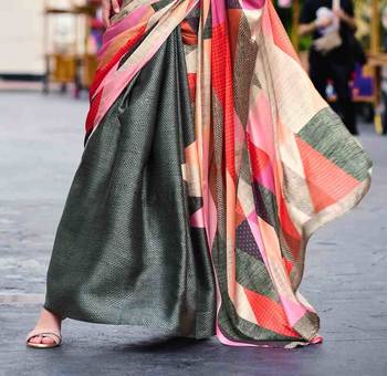 olive satin print saree with unstitched blouse piece 4