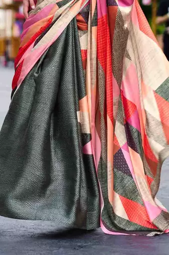 olive satin print saree with unstitched blouse piece