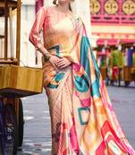 peach satin print saree with unstitched blouse piece