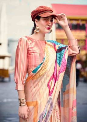 peach satin print saree with unstitched blouse piece 2
