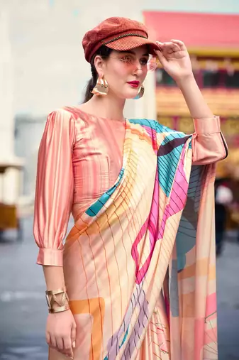 peach satin print saree with unstitched blouse piece