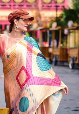 peach satin print saree with unstitched blouse piece 3