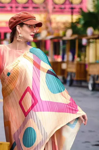 peach satin print saree with unstitched blouse piece