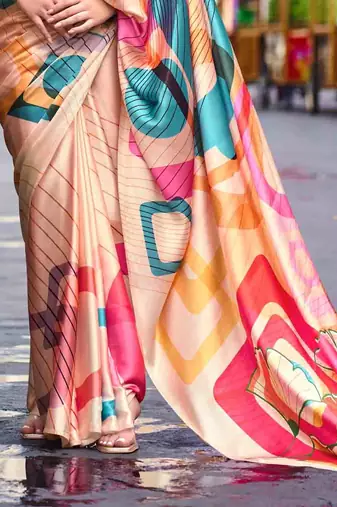peach satin print saree with unstitched blouse piece