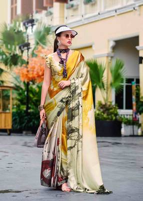 khaki satin print saree with unstitched blouse piece 1
