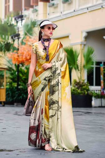 khaki satin print saree with unstitched blouse piece