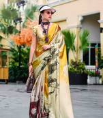 khaki satin print saree with unstitched blouse piece