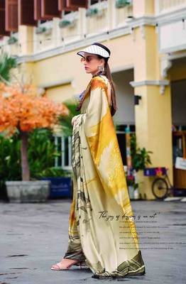 khaki satin print saree with unstitched blouse piece 2