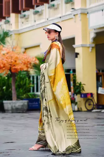 khaki satin print saree with unstitched blouse piece
