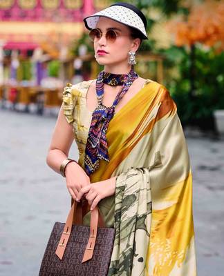khaki satin print saree with unstitched blouse piece 3