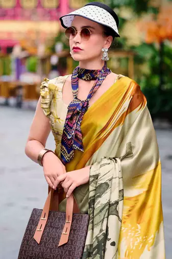 khaki satin print saree with unstitched blouse piece