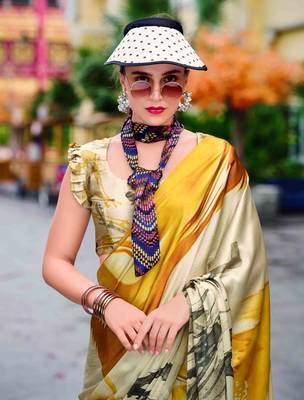 khaki satin print saree with unstitched blouse piece 4