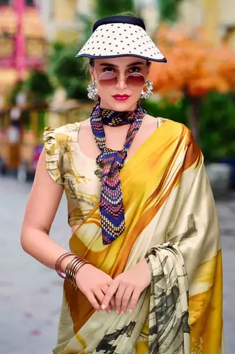 khaki satin print saree with unstitched blouse piece