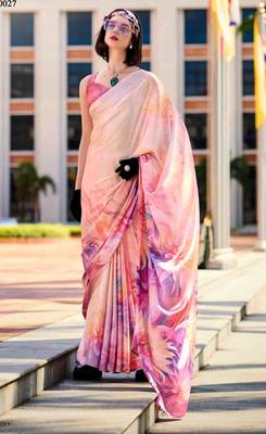 peach satin print saree with unstitched blouse piece 1