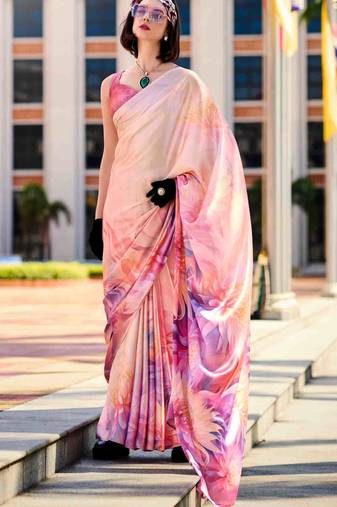 peach satin print saree with unstitched blouse piece