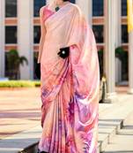 peach satin print saree with unstitched blouse piece