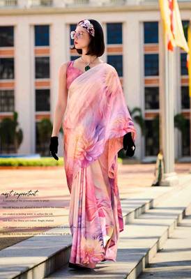peach satin print saree with unstitched blouse piece 2