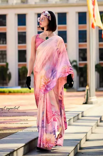 peach satin print saree with unstitched blouse piece
