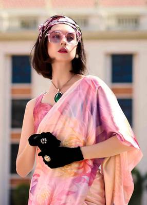 peach satin print saree with unstitched blouse piece 3