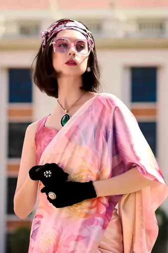 peach satin print saree with unstitched blouse piece