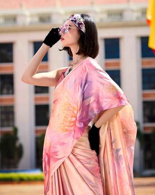 peach satin print saree with unstitched blouse piece 4