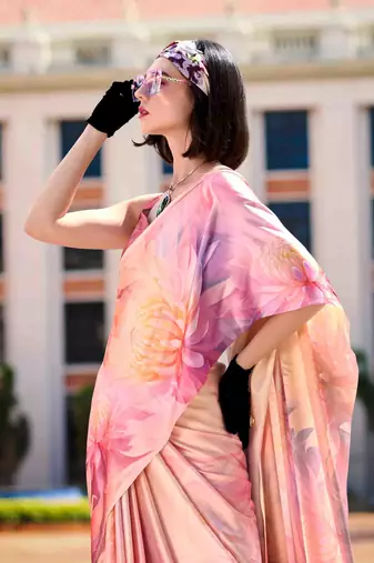 peach satin print saree with unstitched blouse piece