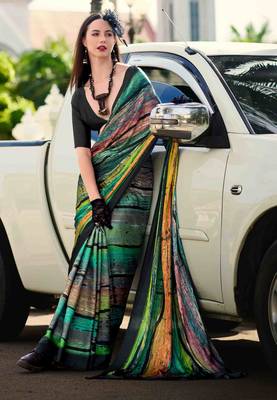 multicolor satin print saree with unstitched blouse piece 1