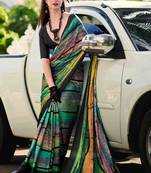 multicolor satin print saree with unstitched blouse piece
