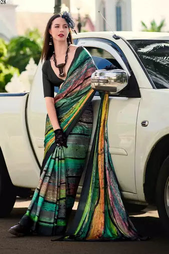multicolor satin print saree with unstitched blouse piece