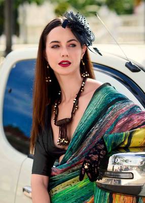 multicolor satin print saree with unstitched blouse piece 3