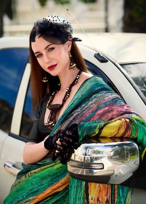 multicolor satin print saree with unstitched blouse piece 4
