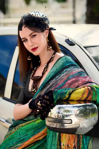 multicolor satin print saree with unstitched blouse piece