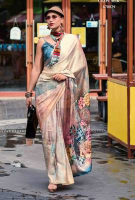 beige satin print saree with unstitched blouse piece 1