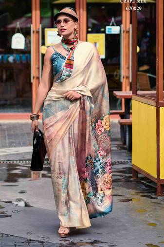 beige satin print saree with unstitched blouse piece
