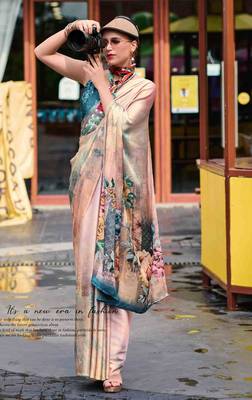 beige satin print saree with unstitched blouse piece 2