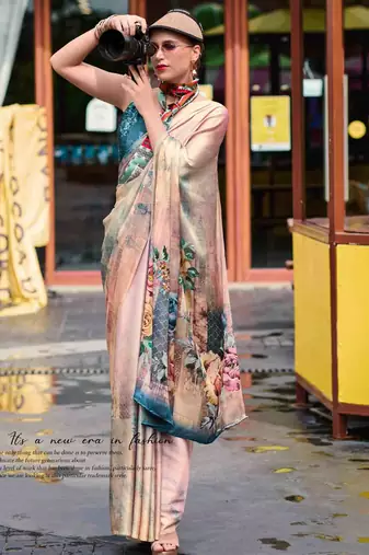 beige satin print saree with unstitched blouse piece