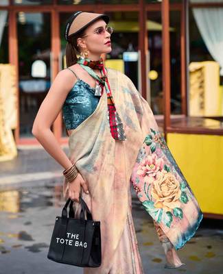 beige satin print saree with unstitched blouse piece 3